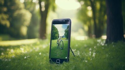 A smartphone set against a lush park background, its screen creating a perfect window effect showing the continuation of the tranquil park scene - obrazy, fototapety, plakaty