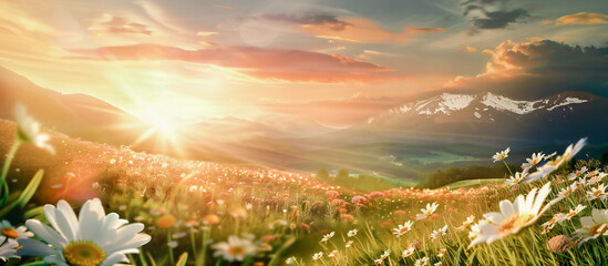 Beautiful summer pastoral landscape at sunset with a blooming field of daisies in grass on a hilly area