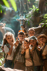 Group of children doing their dream job as Animal Keepers standing inside the animal pen in the zoo. Concept of Creativity, Happiness, Dream come true and Teamwork.