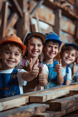 Group of children doing their dream job as Carpenters standing in the carpenters workshop. Concept of Creativity, Happiness, Dream come true and Teamwork.