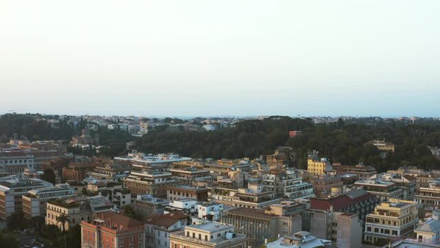 Aerial: Residential Buildings With Trees In City Against Sky At Sunset - Rome, Italy