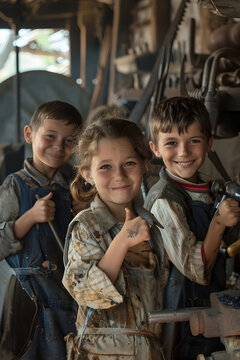 Group of children doing their dream job as Blacksmiths standing inside the blacksmith workshop. Concept of Creativity, Happiness, Dream come true and Teamwork.