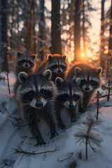 Racoon family in the forest with setting sun shining. Group of wild animals in nature.