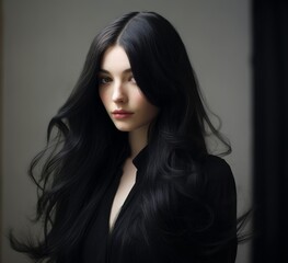 a girl draped in black stands against a gray backdrop, her long ebony hair gently tousled by the wind, creating a captivating and atmospheric scene.