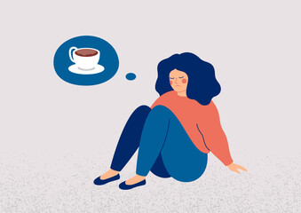 Tired Woman thinking about coffee cup. Drowsy female person has addiction from Caffeine. Girl with low energy has Unhealthy food habits. Vector illustration - 767824441