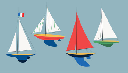 Set with four different sailing boats,  vintage style yacht models. Hand drawn vector illustrations, isolated on water blue background
