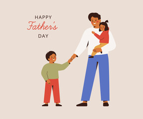 Fathers Day card with young daddy and two children. Man holds by one hand his daughter and by another hand his son. Family celebration concept. Cartoon flat Vector illustration - 767824492