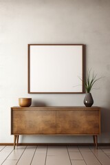 Wooden cabinet, dresser against concrete wall mock up poster