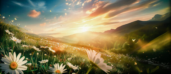 Beautiful pastoral landscape at sunset with a blooming field of daisies in grass on a hilly area - obrazy, fototapety, plakaty