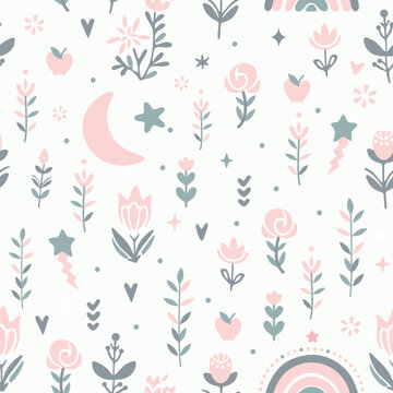 Seamless pattern with cute rainbows, florals, hearts and stars, vector image of 6 colors, suitable for silk screen printing