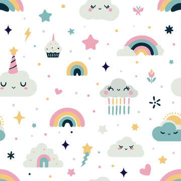 Seamless pattern with cute rainbows, clouds, hearts and stars, vector image of 6 colors, suitable for silk screen printing