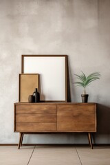 Wooden cabinet, dresser against concrete wall mock up poster
