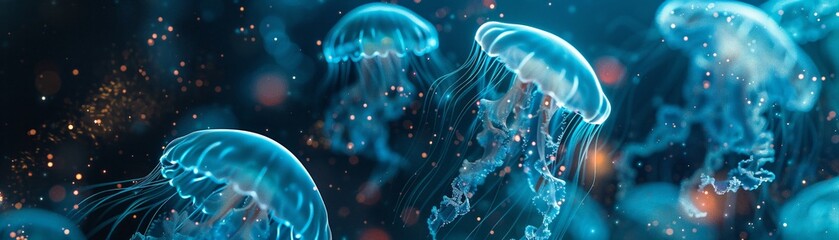 An underwater scene with bioluminescent jellyfish - obrazy, fototapety, plakaty