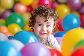 A baby is surrounded by a pile of colorful balloons