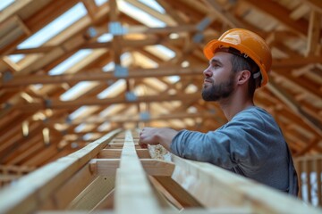 Construction worker in hard hat standing on roof with wooden beams of house
