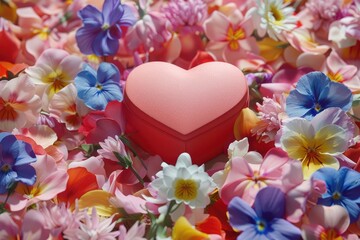 A heart is placed in the middle of a bed of flowers