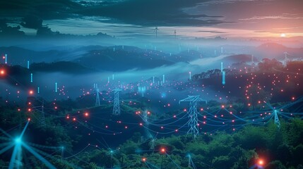 monitoring renewable energy grids, visualized in a sleek, high-tech style, showcasing the fusion of innovation and sustainability, blue sci-fi tone.