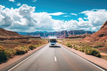 A white RV is driving down a road in the desert