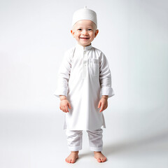 portrait of a Muslim albino toddler boy in isolated white background.