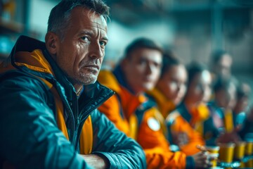 Portrait of Serious Middle Aged Man with Stubble Wearing Yellow Jacket Indoors with Blurred People in the Background
