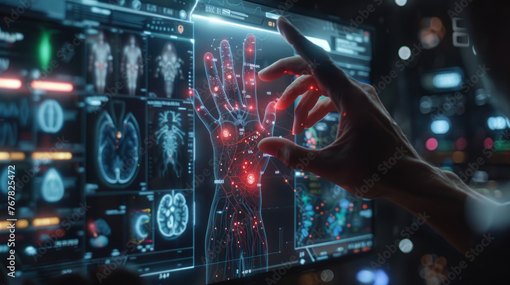 Poster close-up of a hand interacting with futuristic touchscreen interface, analyzing digital data and bio