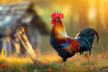 A colorful rooster stands in a field of grass - obrazy, fototapety, plakaty