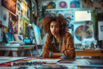 Fototapeta premium Young Artist Contemplating Creative Process in Vibrant Artsy Studio Surrounded by Colorful Paintings and Graffiti