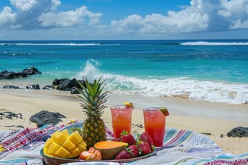 A tray of fruit and drinks is set on a beach blanket