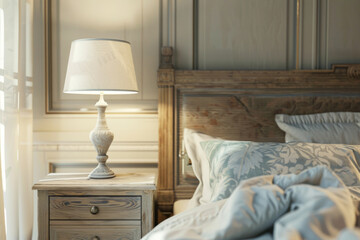 A serene bedroom scene with a rustic bedside lamp casting a soft light. - obrazy, fototapety, plakaty