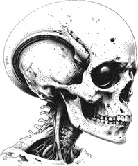 Halftone alien head skull side profile illustration
