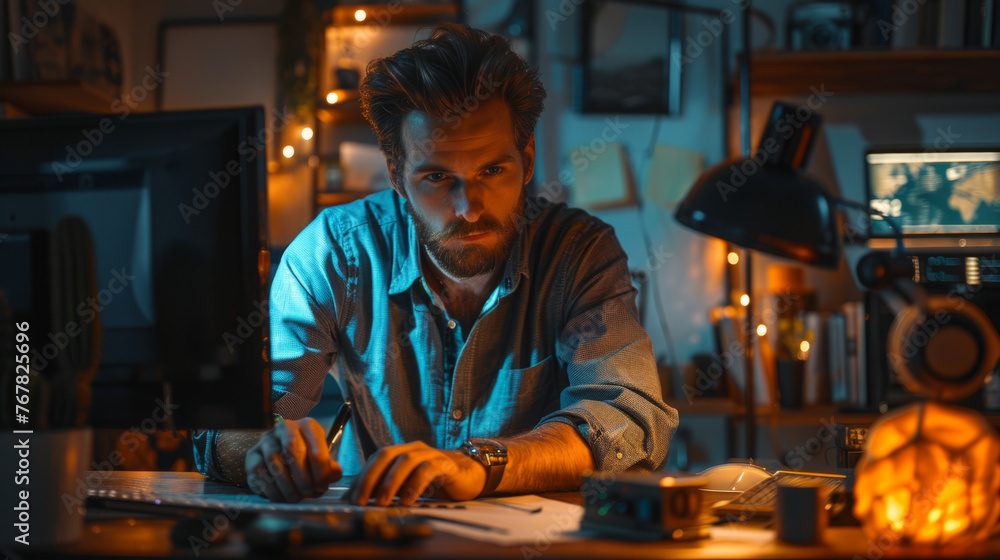 Poster a focused man is working late at night in a home office setting, illuminated by the glow of computer