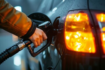 Person filling up car with gas at dark gas station in urban setting during evening