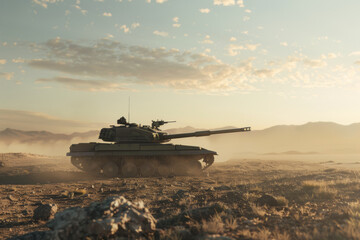 A battle tank stands poised on a rugged terrain at dawn, with a dramatic skyline. - obrazy, fototapety, plakaty