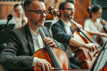 Professional Classical Musicians Performing in Symphony Orchestra Concert with Focus on Cellist - obrazy, fototapety, plakaty