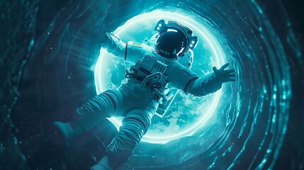 An astronaut floating in zero gravity inside a portal leading to different dimensions - obrazy, fototapety, plakaty