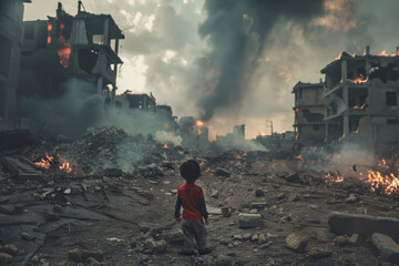 Fototapeta premium A lone child amidst the devastation of a smoky, fiery urban wreckage.