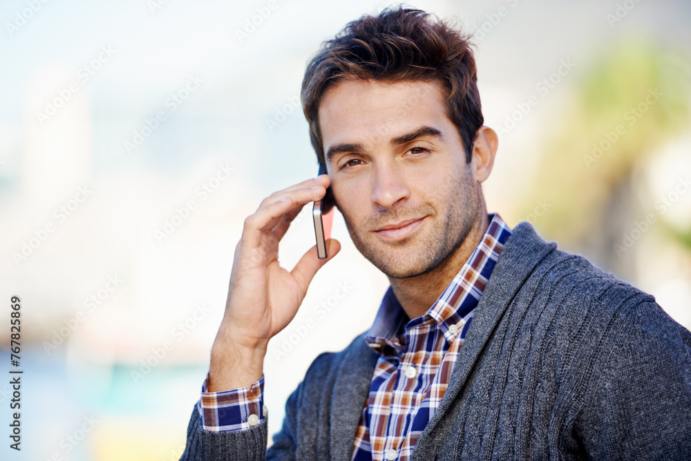 Poster man, phone call and outdoor for portrait with communication, listening and mobile networking. person