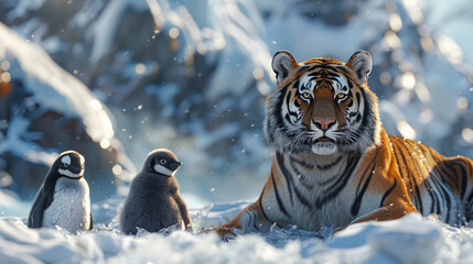 A majestic tiger lies in a snowy landscape, with two penguins standing in the foreground amidst the glistening snow, showcasing an unlikely assembly of wildlife in a serene winter setting.