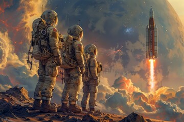 Futuristic Astronauts Observing Rocket Launch on Alien Planet with Majestic Sky