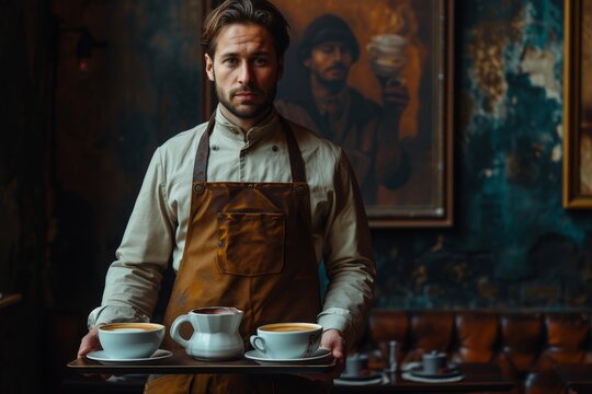 Man in apron holding two cups of coffee in front of painting, enjoying a moment of art and relaxation - Powered by Adobe