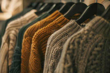 A selection of cozy knit sweaters on hangers, offering warmth in style.