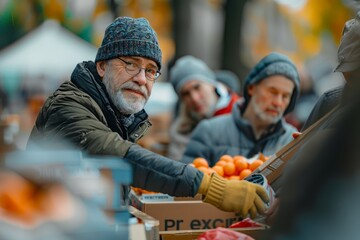 Senior Man Volunteering at a Food Bank Donation, Providing Help to the Needy in a Community Event - obrazy, fototapety, plakaty