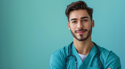 Confident young male healthcare professional with a stethoscope around his neck, standing against a soft blue background, wearing teal medical scrubs and smiling gently at the camera.