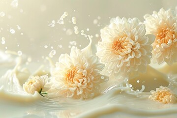 White Flowers Splashing in Milk on Water Surface Floral Elegance and Delicacy in Motion