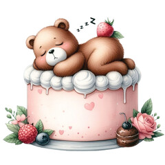 Cute bear sleeping on cake clipart watercolor 
