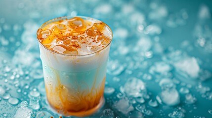 Refreshing Citrus Blue Drink with Ice Cubes on Blue Tabletop Background for Summer Beverage Concept