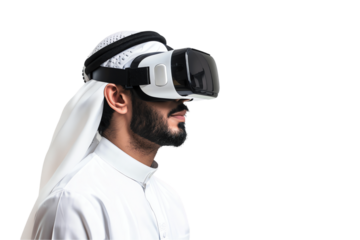 muslim Young man with virtual goggless enjoying music on a sunny day