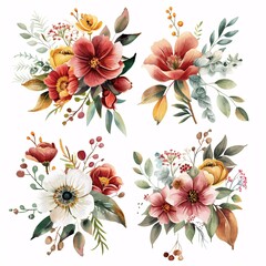 The Art of Nature  Set of Watercolor Flowers Painting, Featuring Floral Vintage Bouquets with Wildflowers and Leaves for a Touch of Elegance in Decor