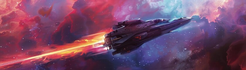 A space traveler navigating through a colorful nebula in a sleek spacecraft - obrazy, fototapety, plakaty