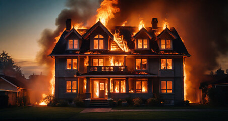 Fototapeta na wymiar A fire broke out in an American-style detached house. - Generative AI